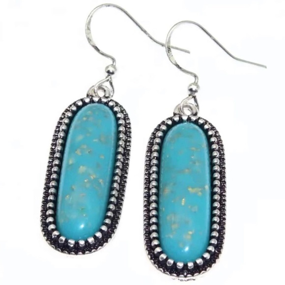 “Turquoise Flecked Ovals” Speckled Gold Flakes Southwestern Dotted Frame Dangles - Picture 4 of 16